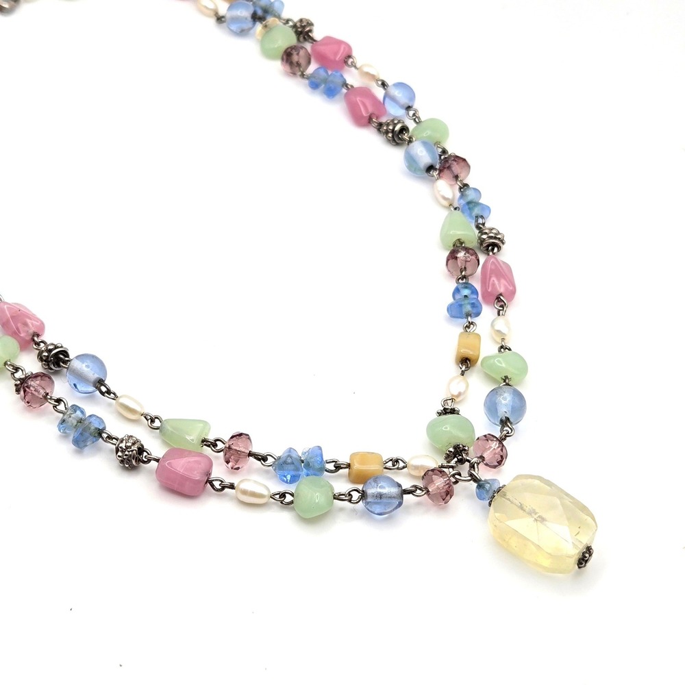 Multi Color Pastel Gemstone and Glass Beaded Double Strand Necklace Spring Color